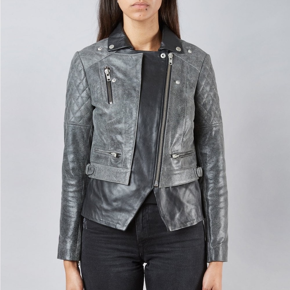 Muubaa Crackle Black Lamb Leather Biker Motorcycle Jacket Quilted Zip Up 6